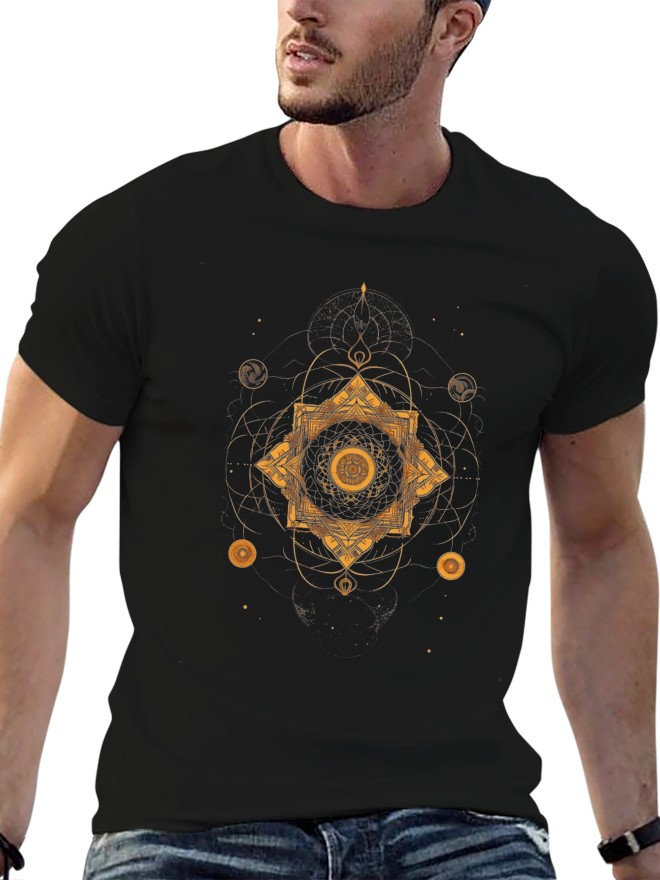 Geometric Gold Print Black T-Shirt