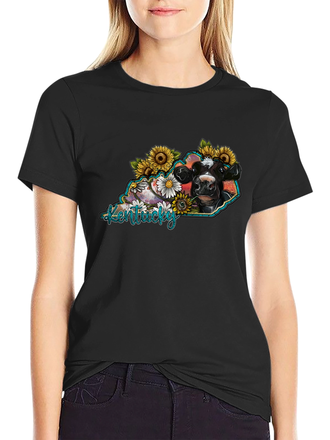 Kentucky Cow Sunflower Graphic T-Shirt