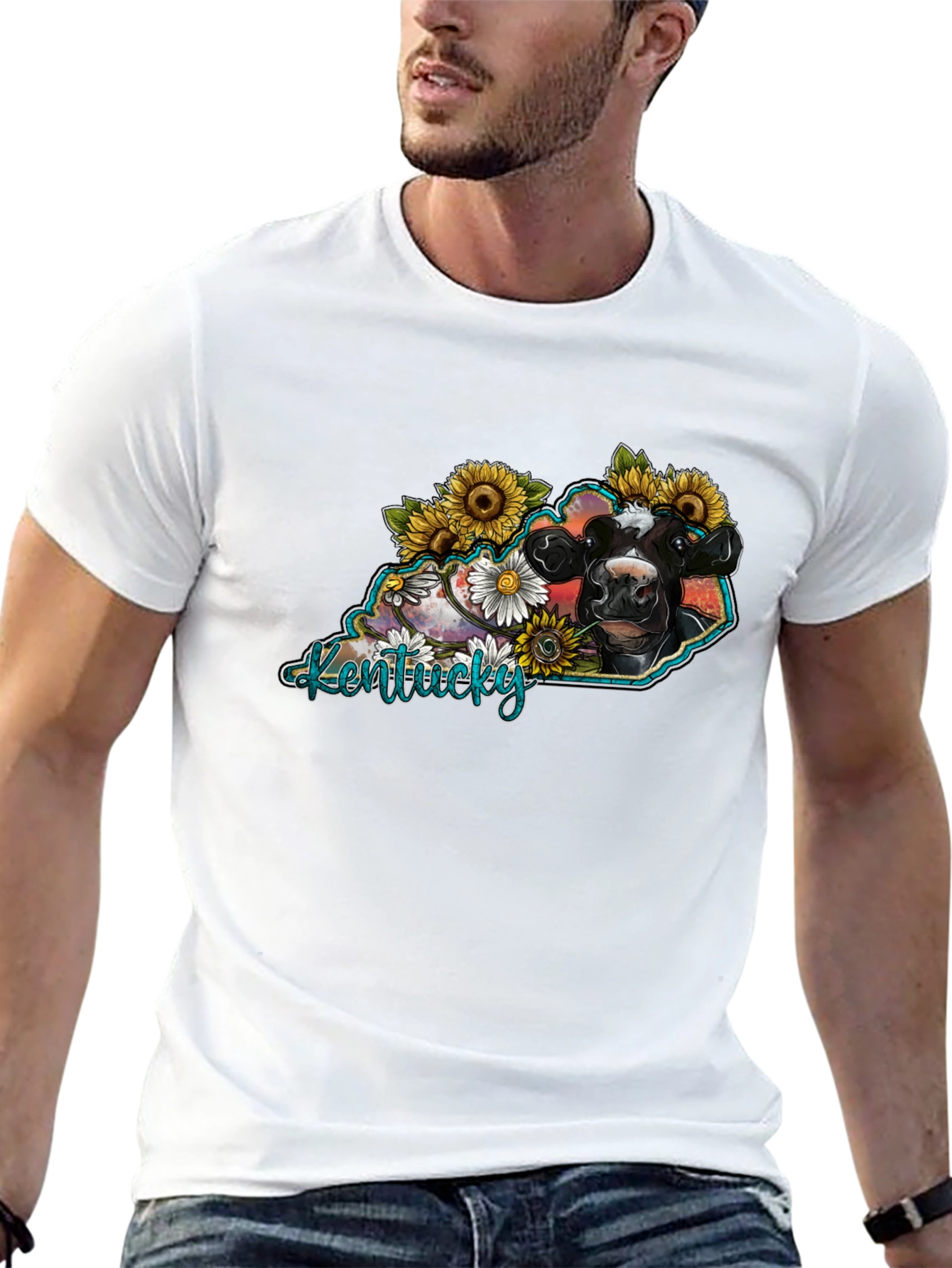 Kentucky Cow Sunflower Graphic T-Shirt