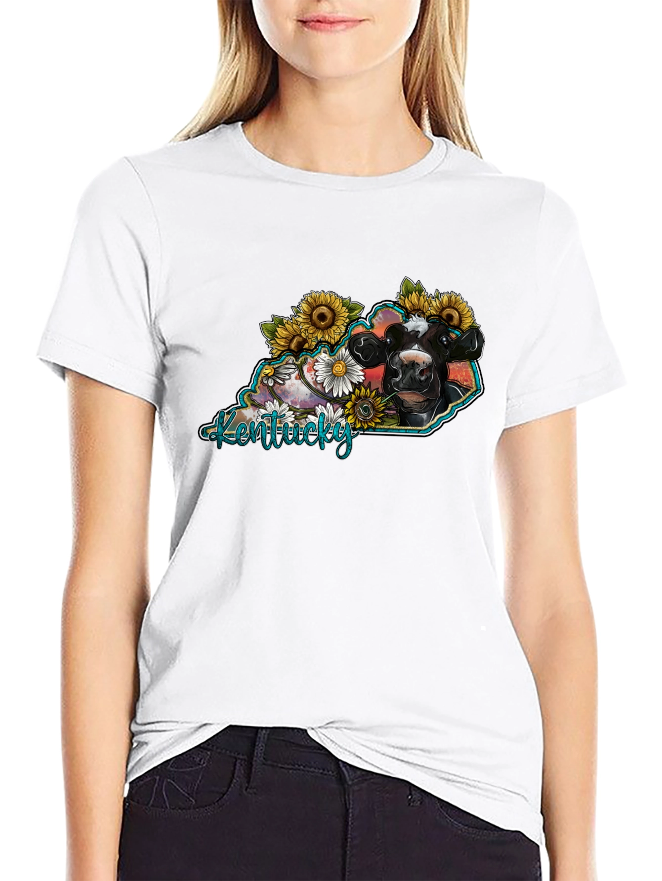 Kentucky Cow Sunflower Graphic T-Shirt