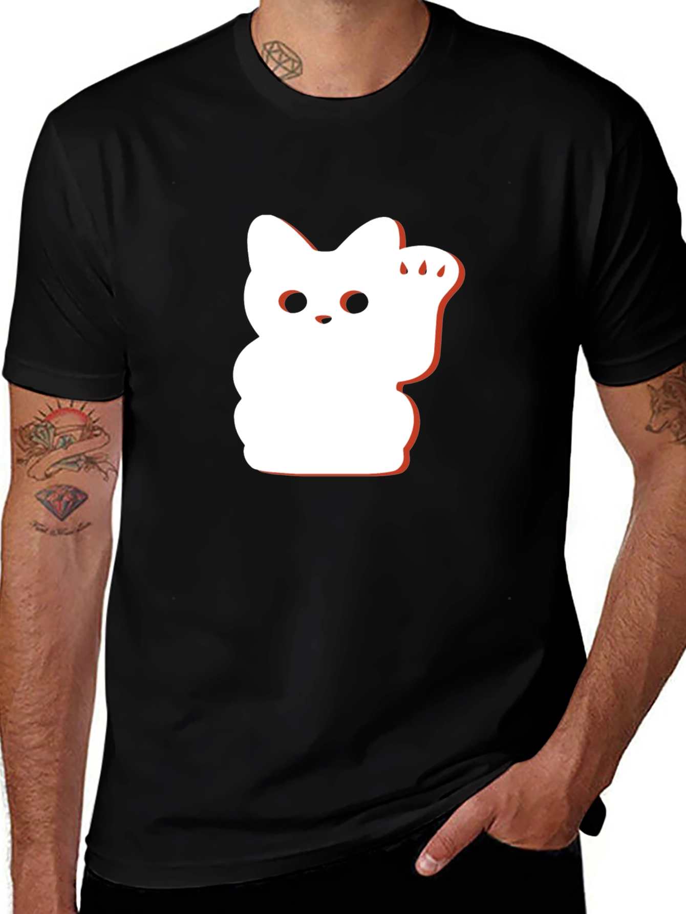 Lucky Cat Graphic Tee - Black Cotton Blend
