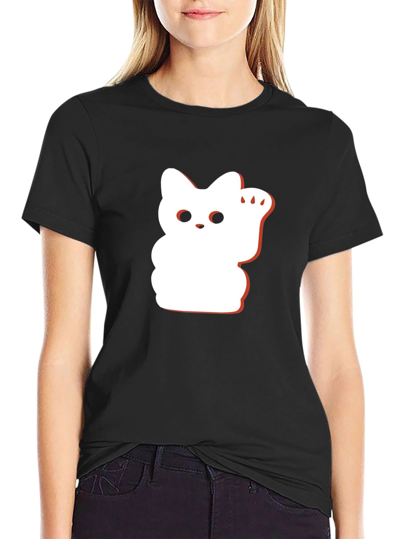Lucky Cat Graphic Tee - Black Cotton Blend