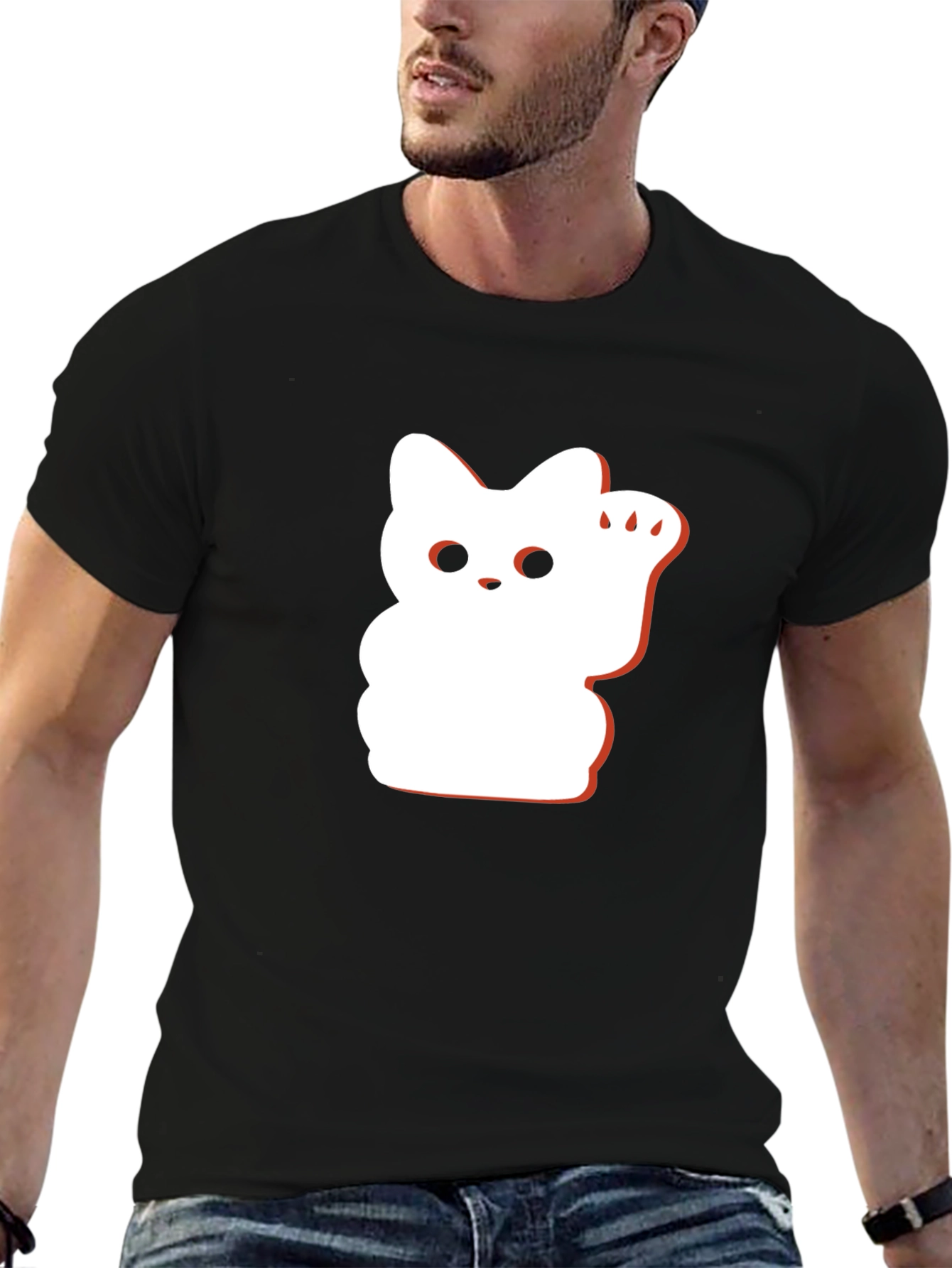 Lucky Cat Graphic Tee - Black Cotton Blend
