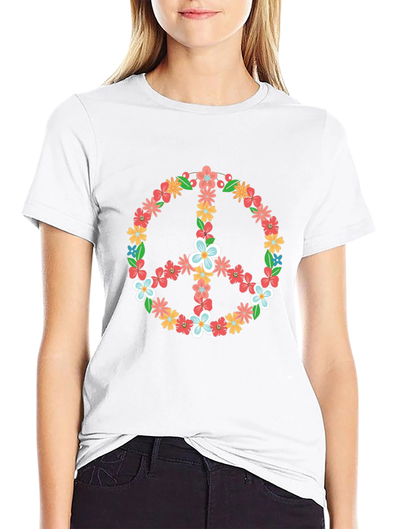 Floral Peace Sign Graphic Tee - Black T-Shirt