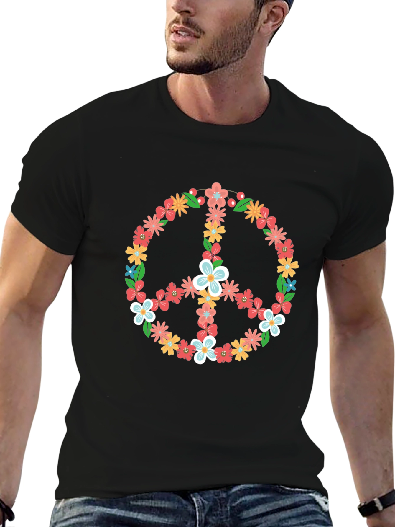 Floral Peace Sign Graphic Tee - Black T-Shirt