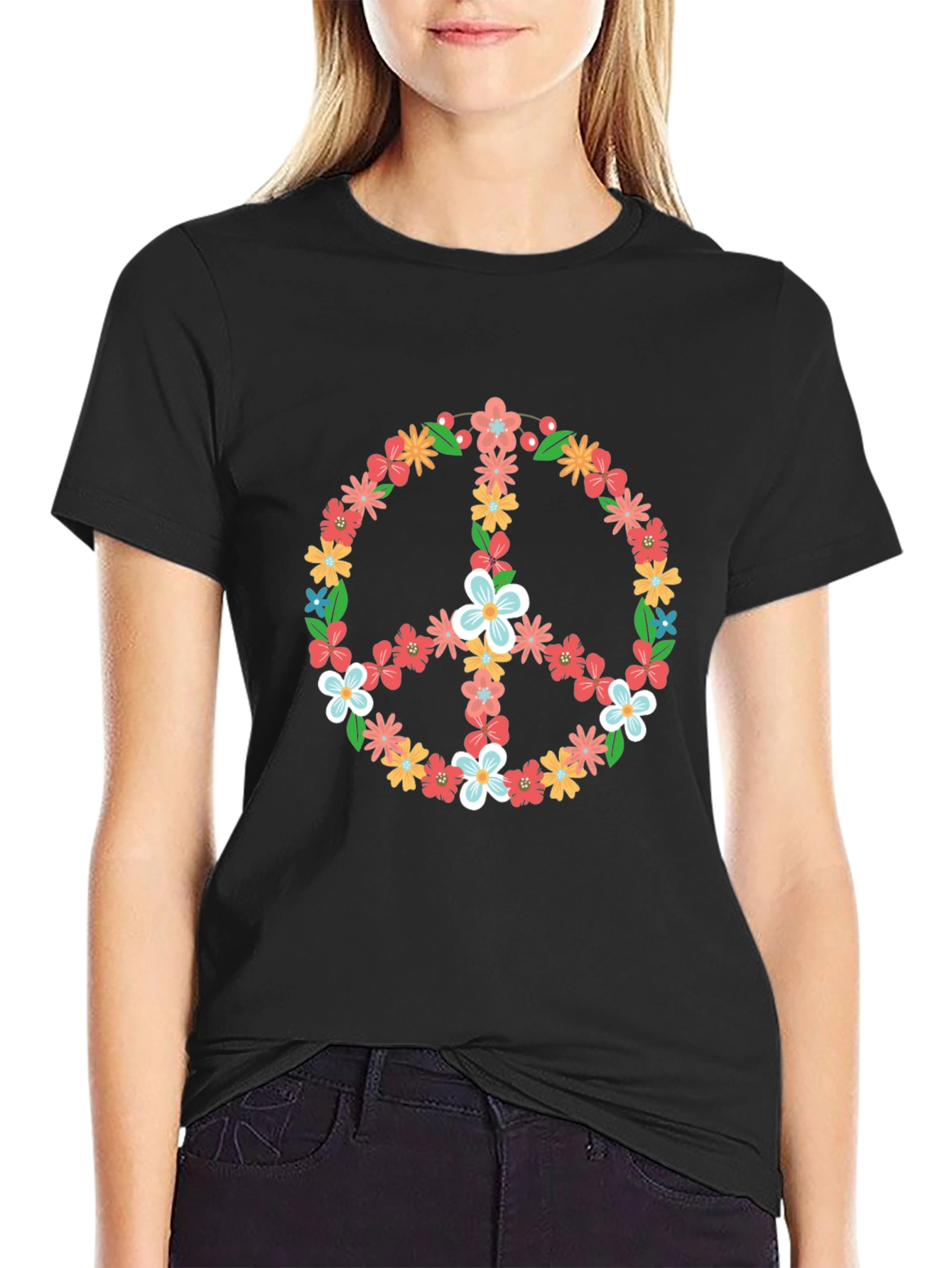 Floral Peace Sign Graphic Tee - Black T-Shirt