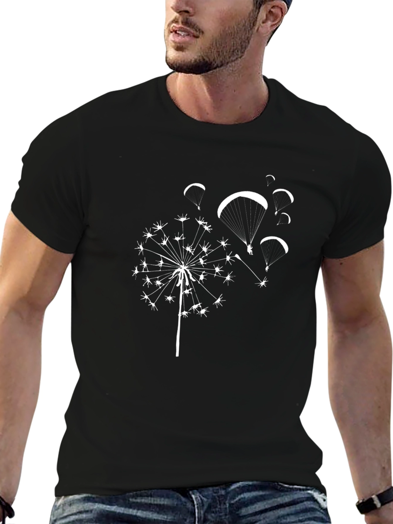 Dandelion Paraglide Black Tee - Nature Inspired Design