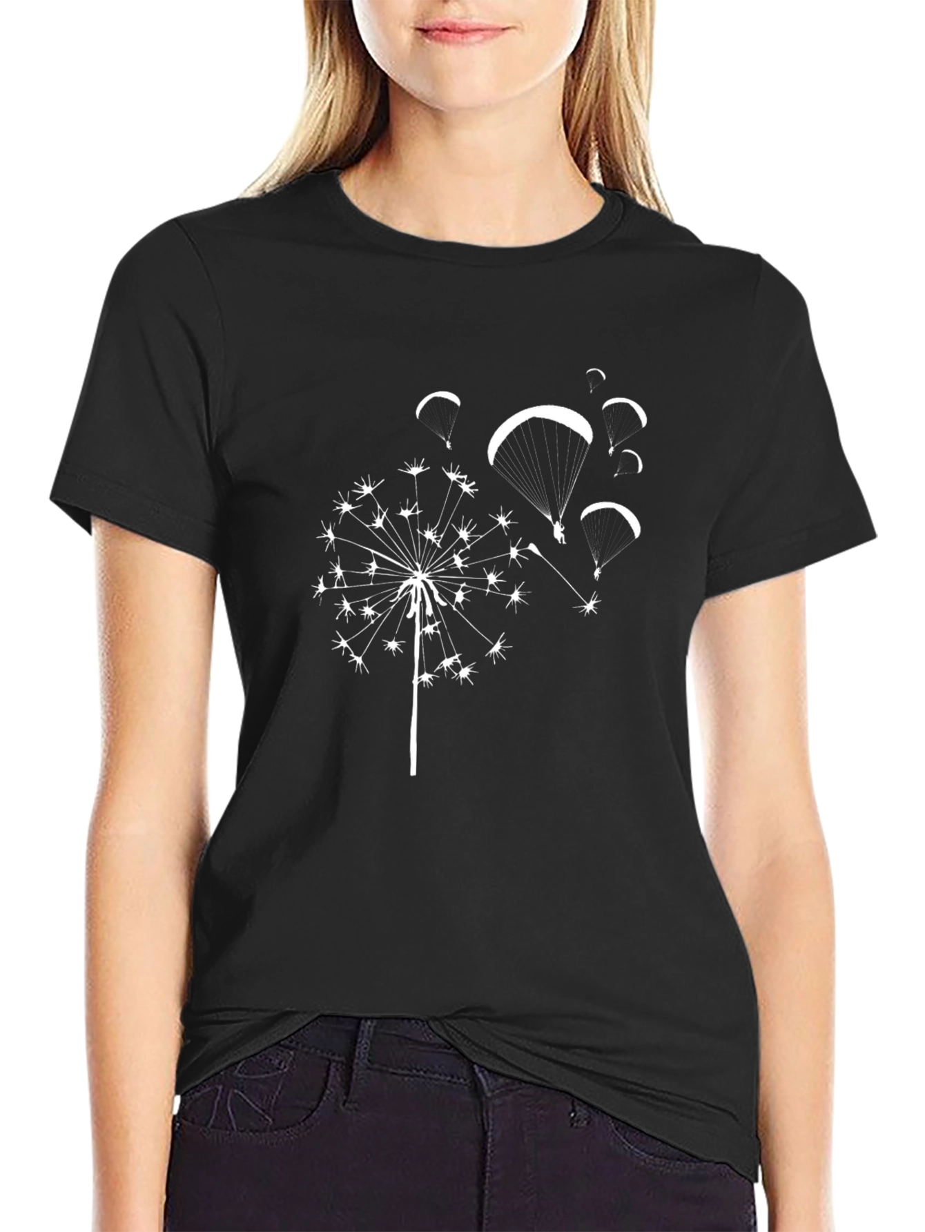 Dandelion Paraglide Black Tee - Nature Inspired Design