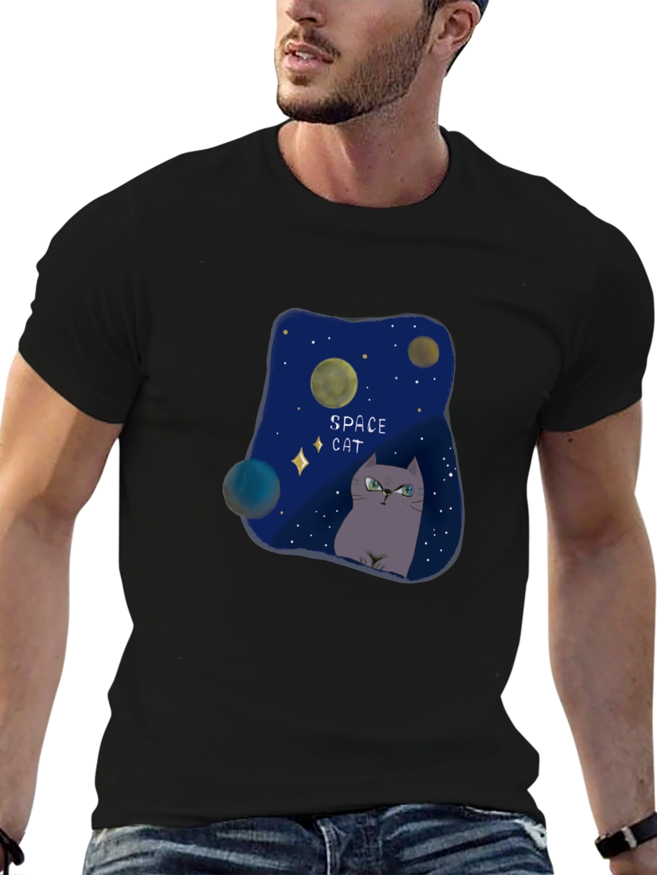 Space Cat Graphic T-Shirt - Galaxy Design