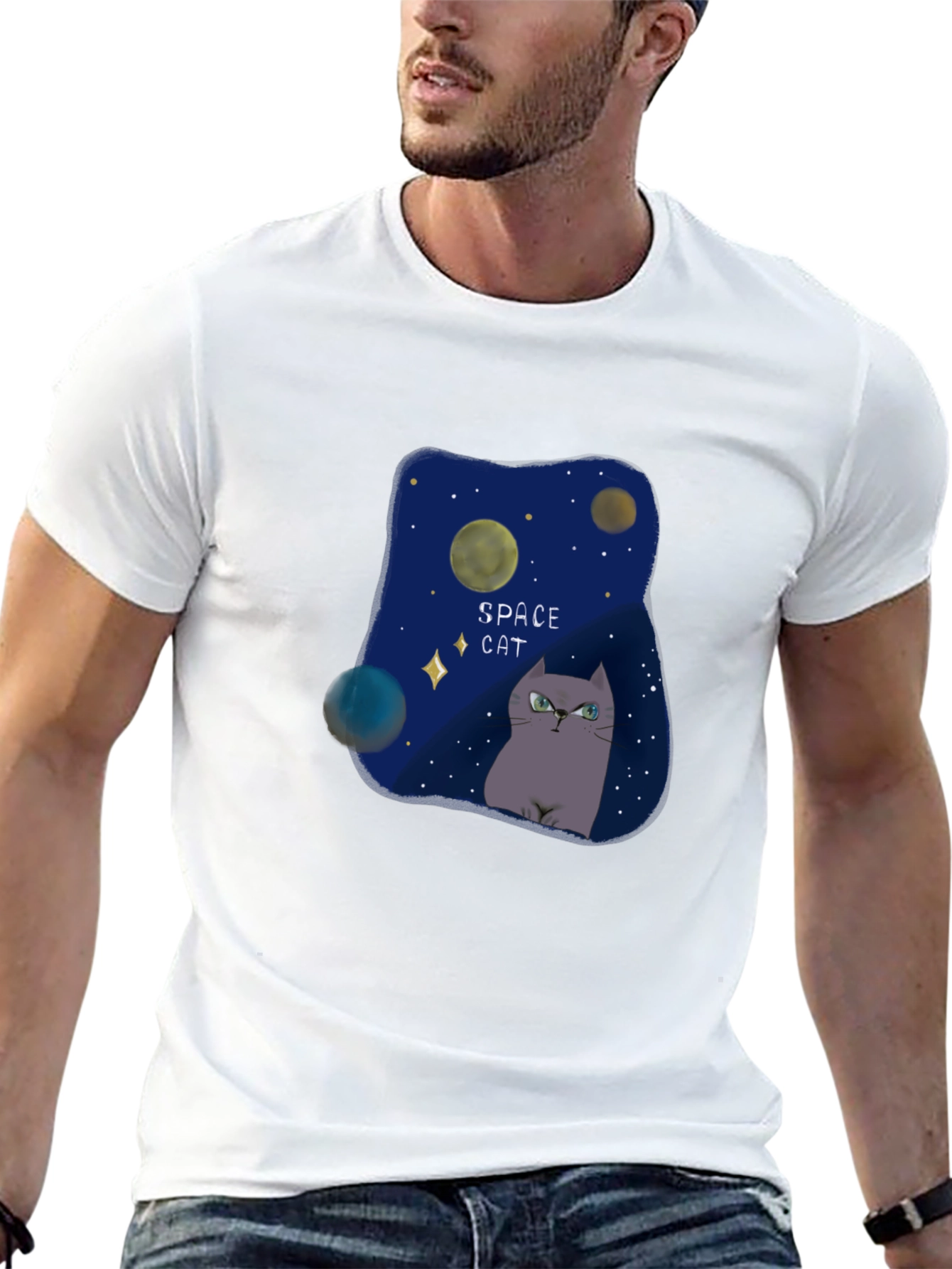 Space Cat Graphic T-Shirt - Galaxy Design