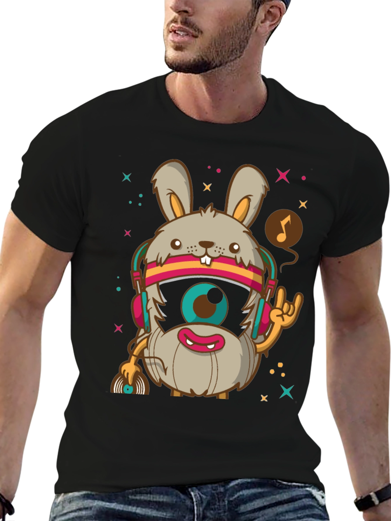 Groovy Rabbit DJ T-Shirt - Black Cotton Tee