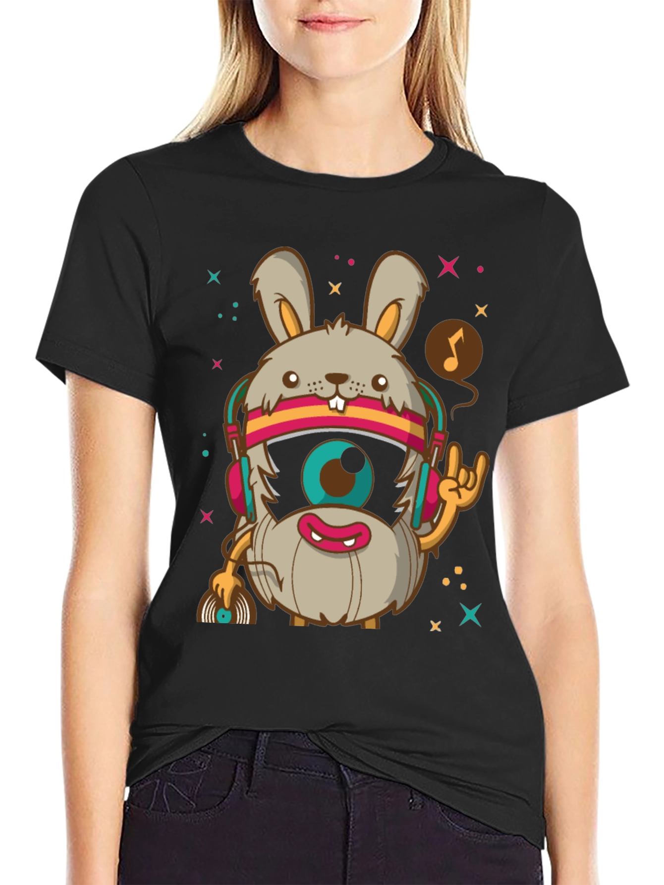 Groovy Rabbit DJ T-Shirt - Black Cotton Tee