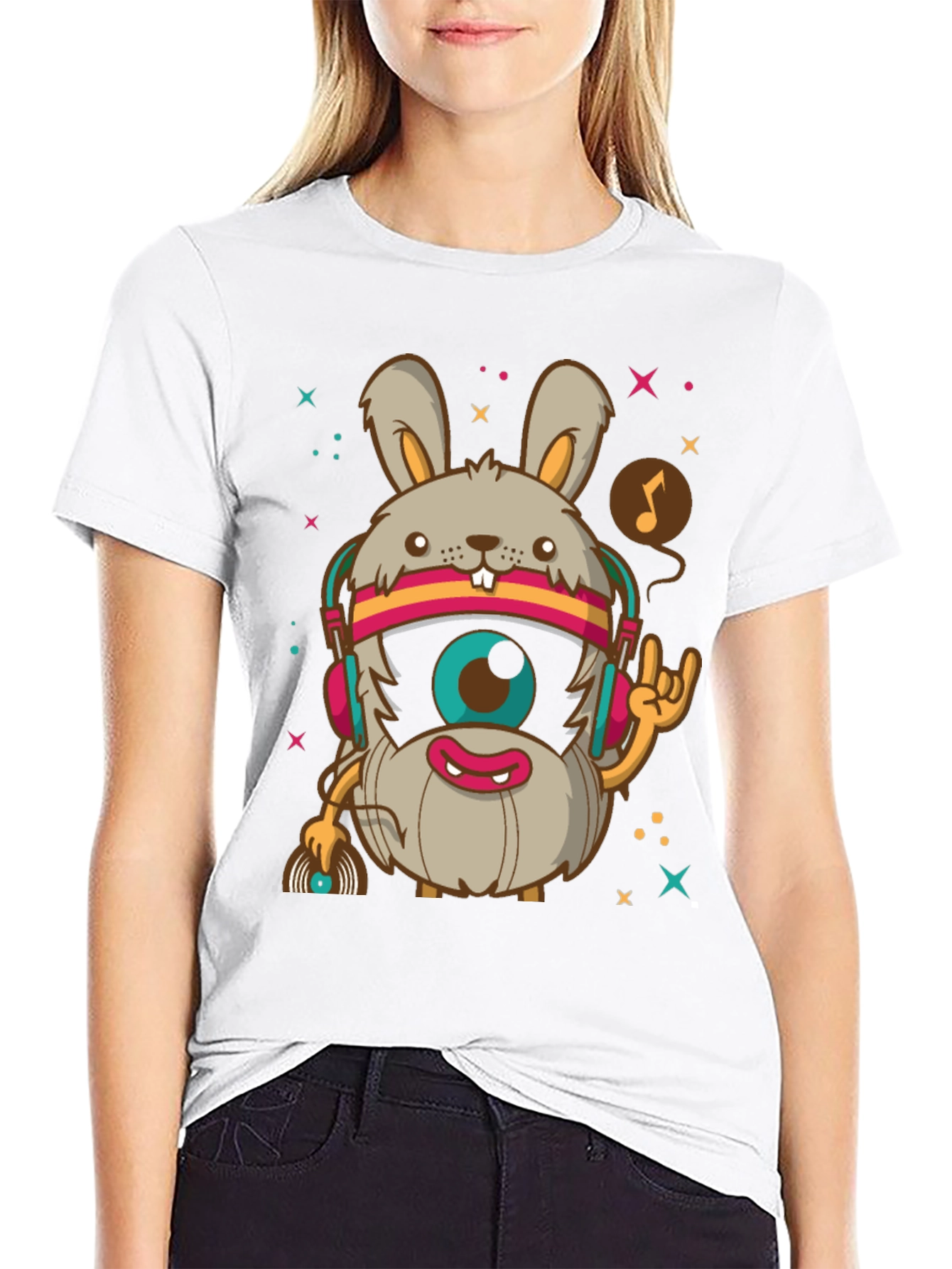 Groovy Rabbit DJ T-Shirt - Black Cotton Tee