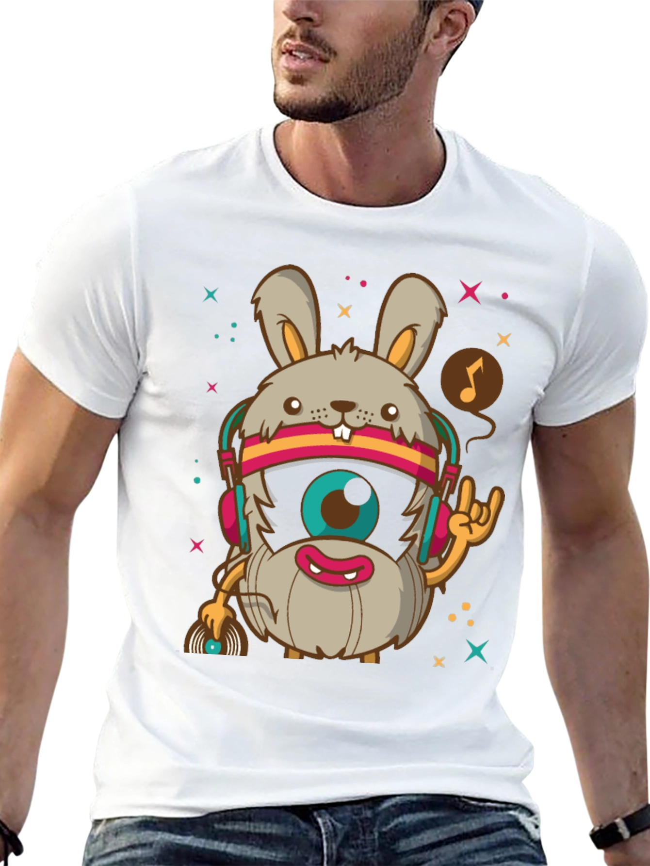 Groovy Rabbit DJ T-Shirt - Black Cotton Tee