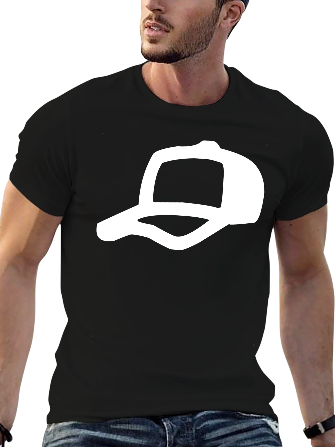 Black T-Shirt with White Cap Design