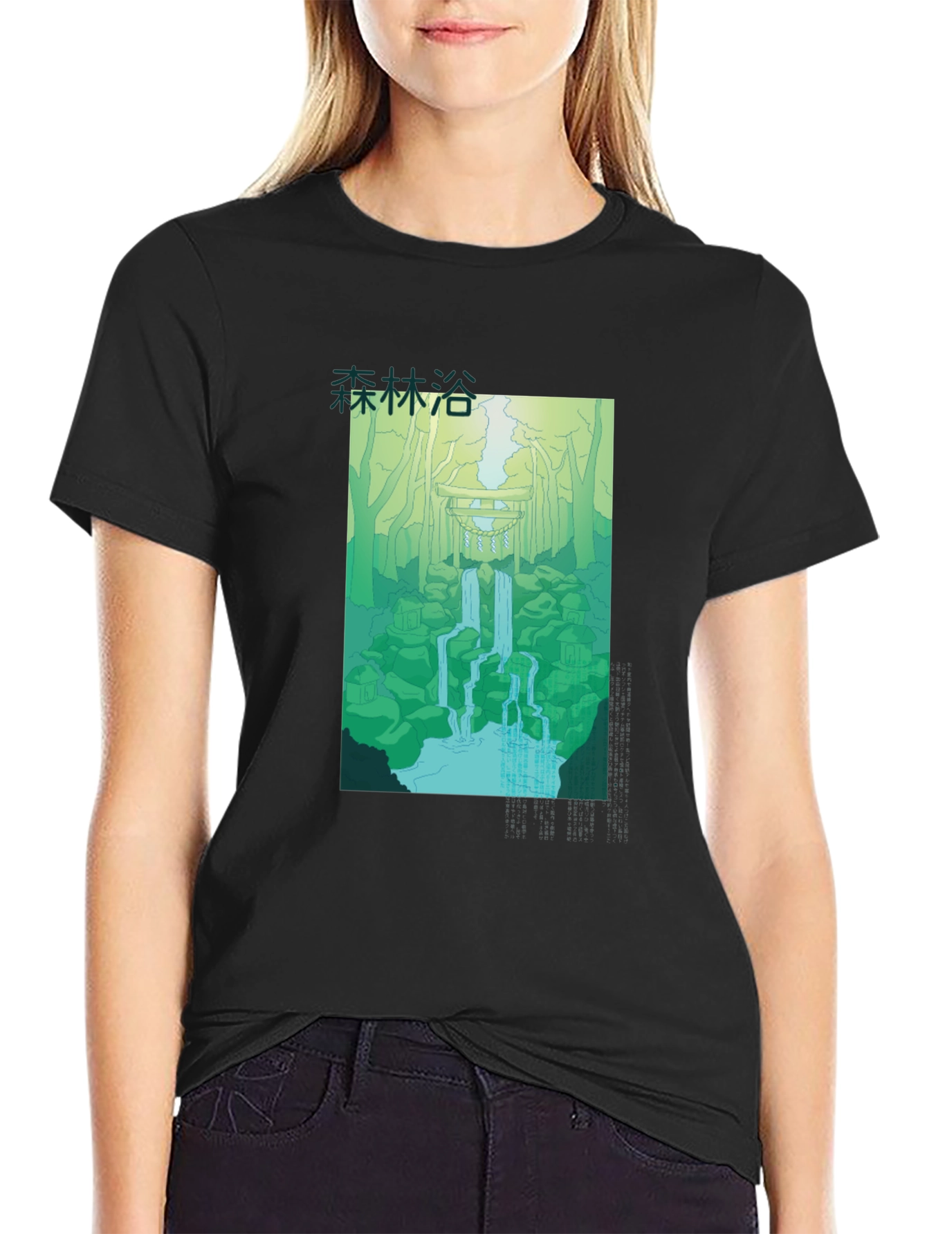 Japanese Forest Waterfall Graphic Black T-Shirt