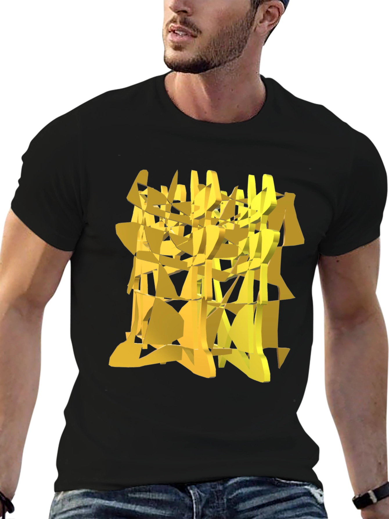 Abstract Geometric Gold Design Black T-Shirt