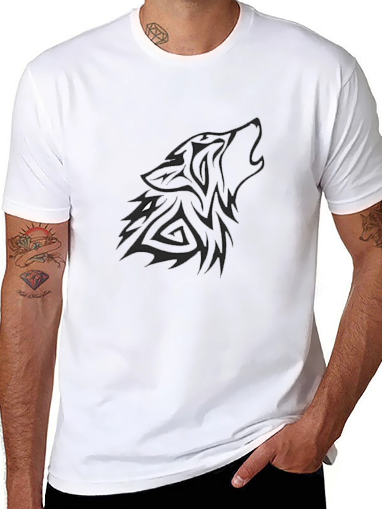 Mens Black T-Shirt with Tribal Wolf Graphic