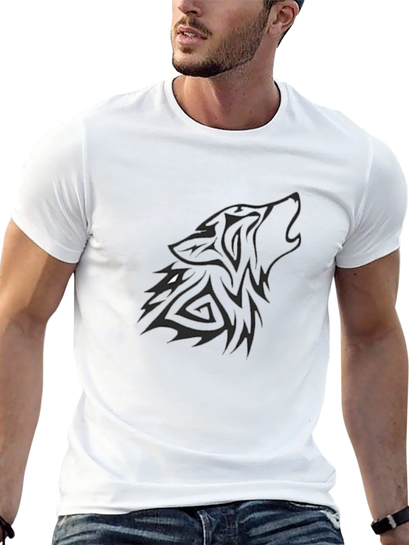 Mens Black T-Shirt with Tribal Wolf Graphic