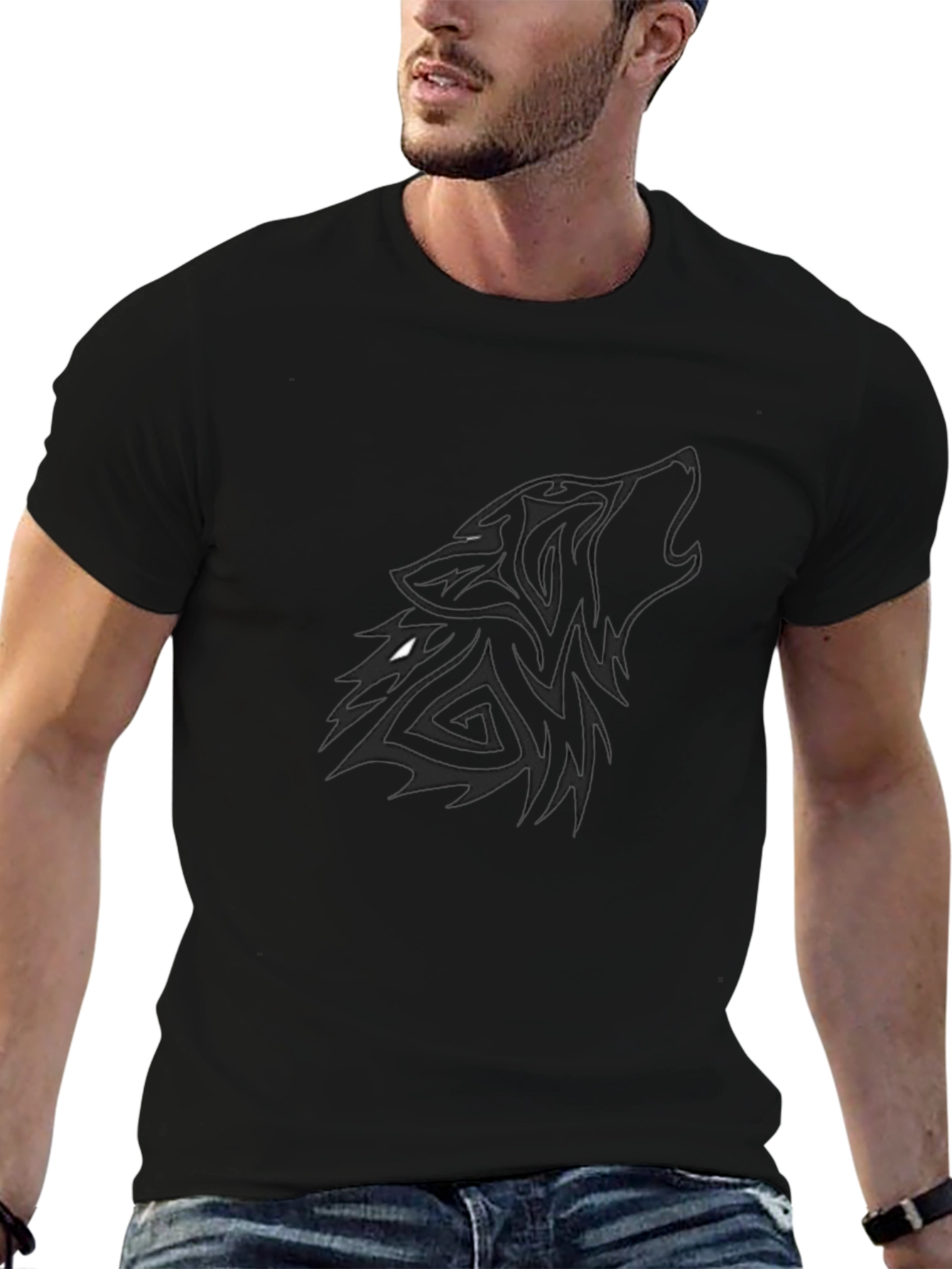 Mens Black T-Shirt with Tribal Wolf Graphic