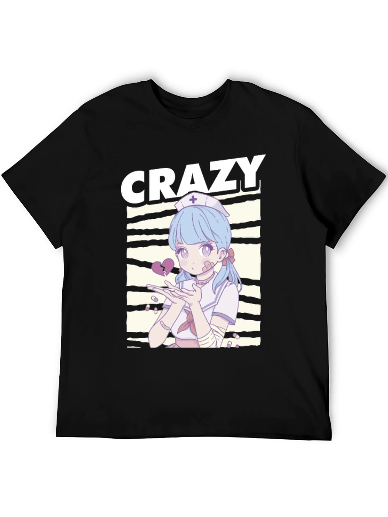 Crazy Anime Nurse Graphic Black T-Shirt