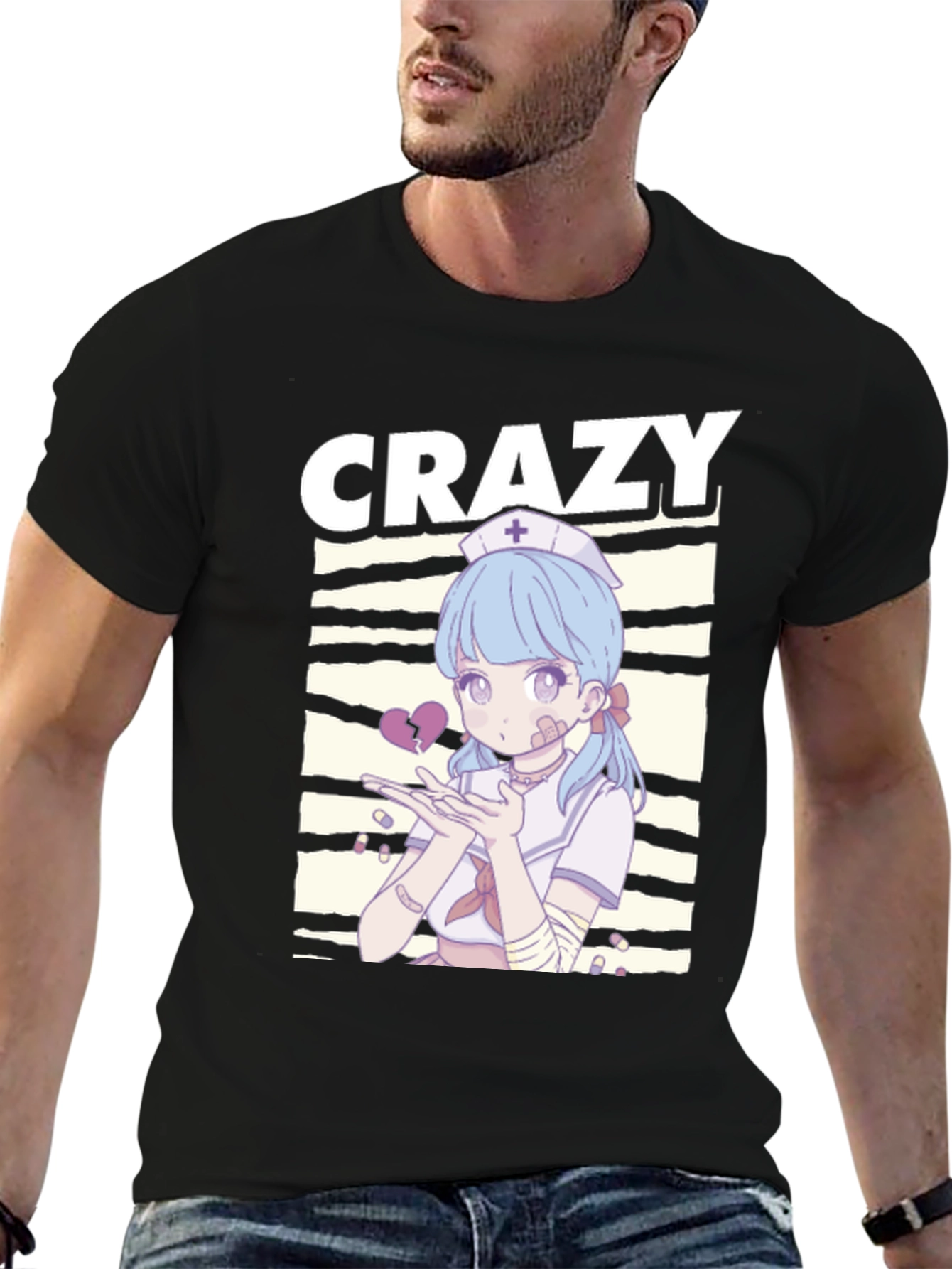 Crazy Anime Nurse Graphic Black T-Shirt
