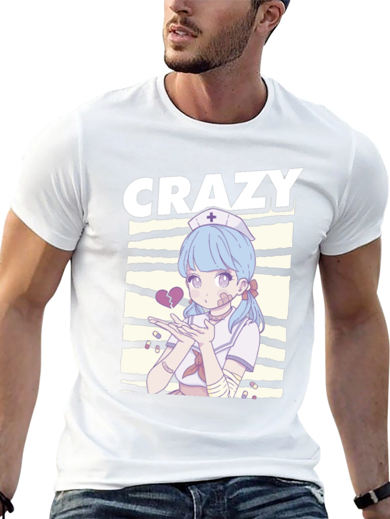 Crazy Anime Nurse Graphic Black T-Shirt