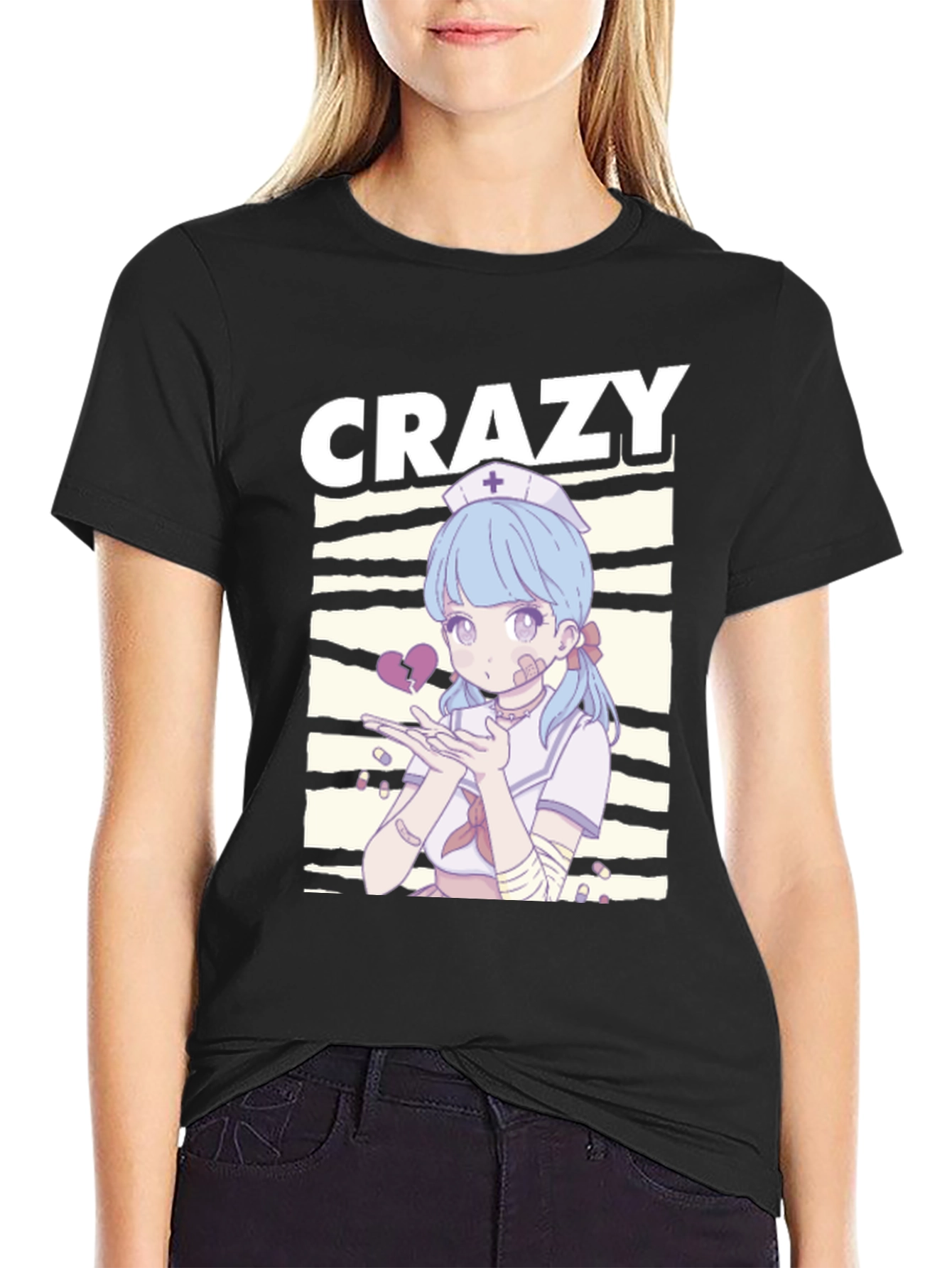 Crazy Anime Nurse Graphic Black T-Shirt