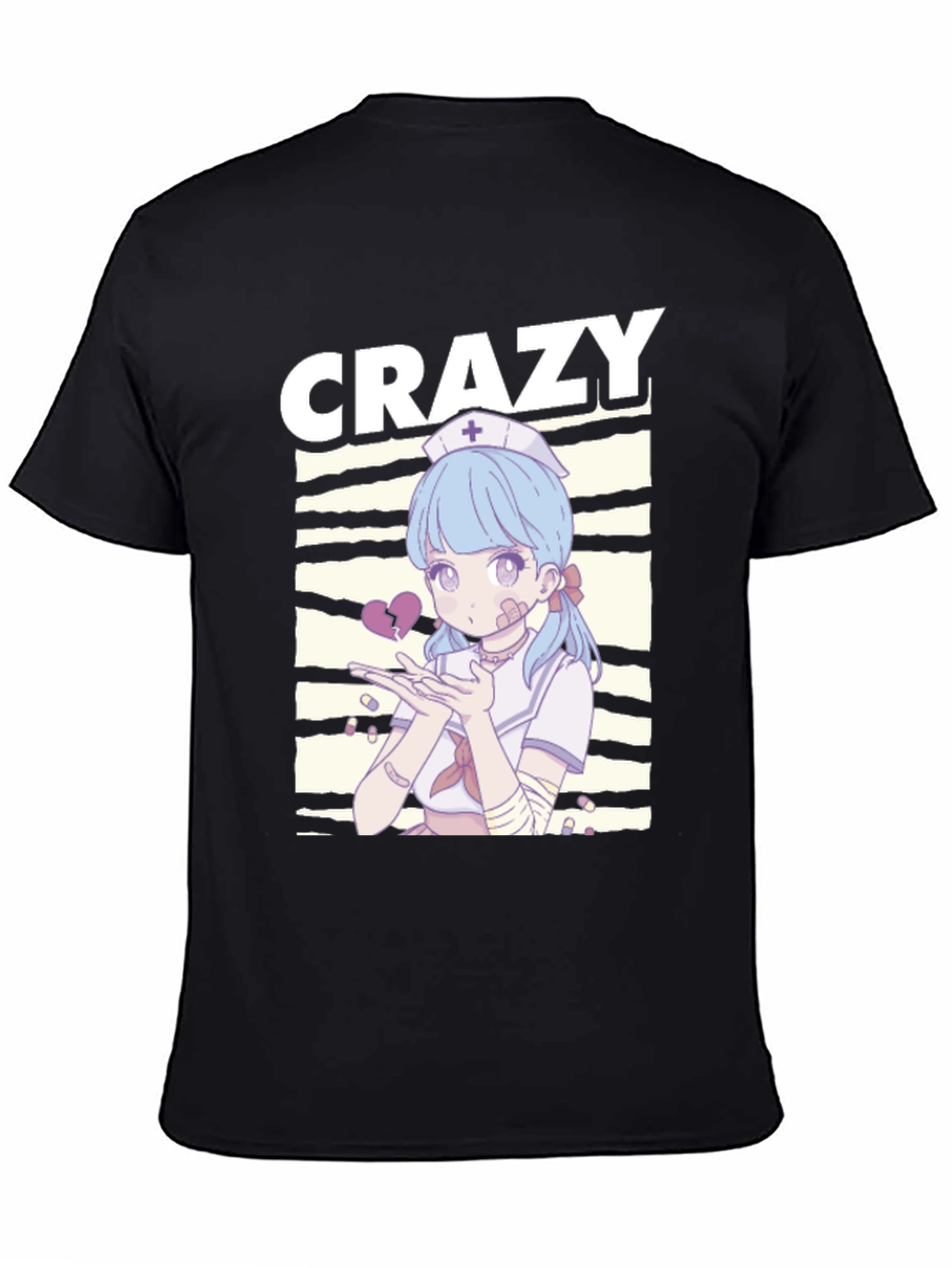 Crazy Anime Nurse Graphic Black T-Shirt