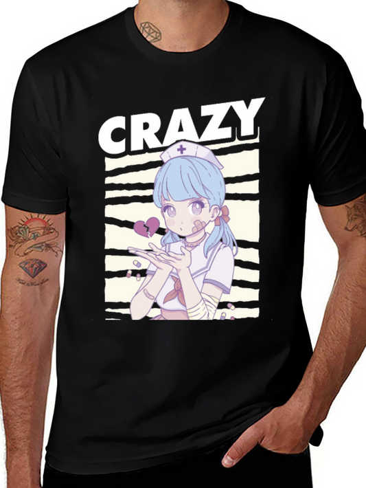 Crazy Anime Nurse Graphic Black T-Shirt