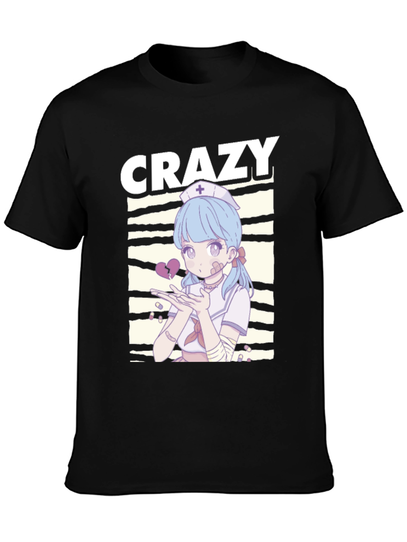 Crazy Anime Nurse Graphic Black T-Shirt