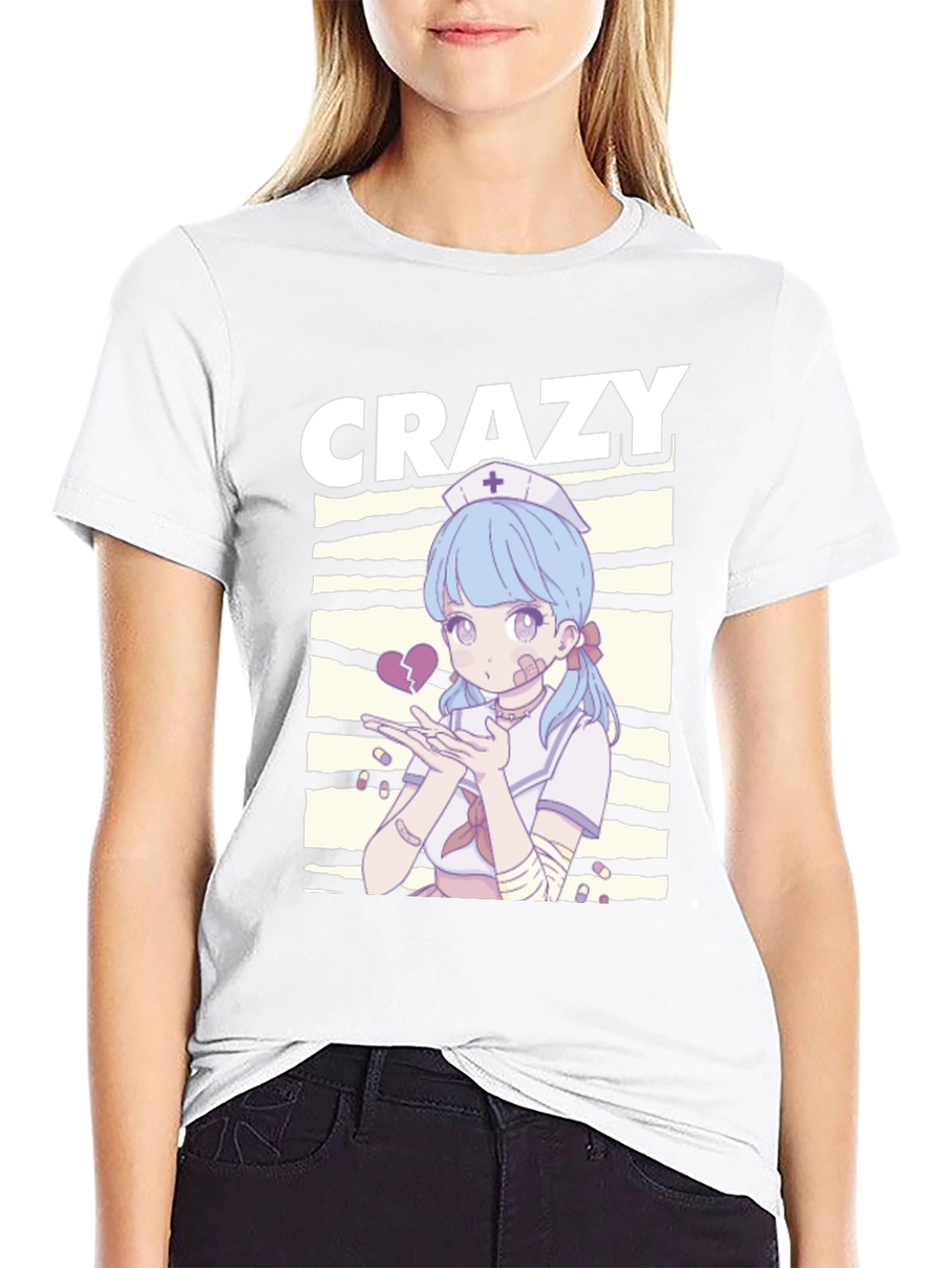 Crazy Anime Nurse Graphic Black T-Shirt
