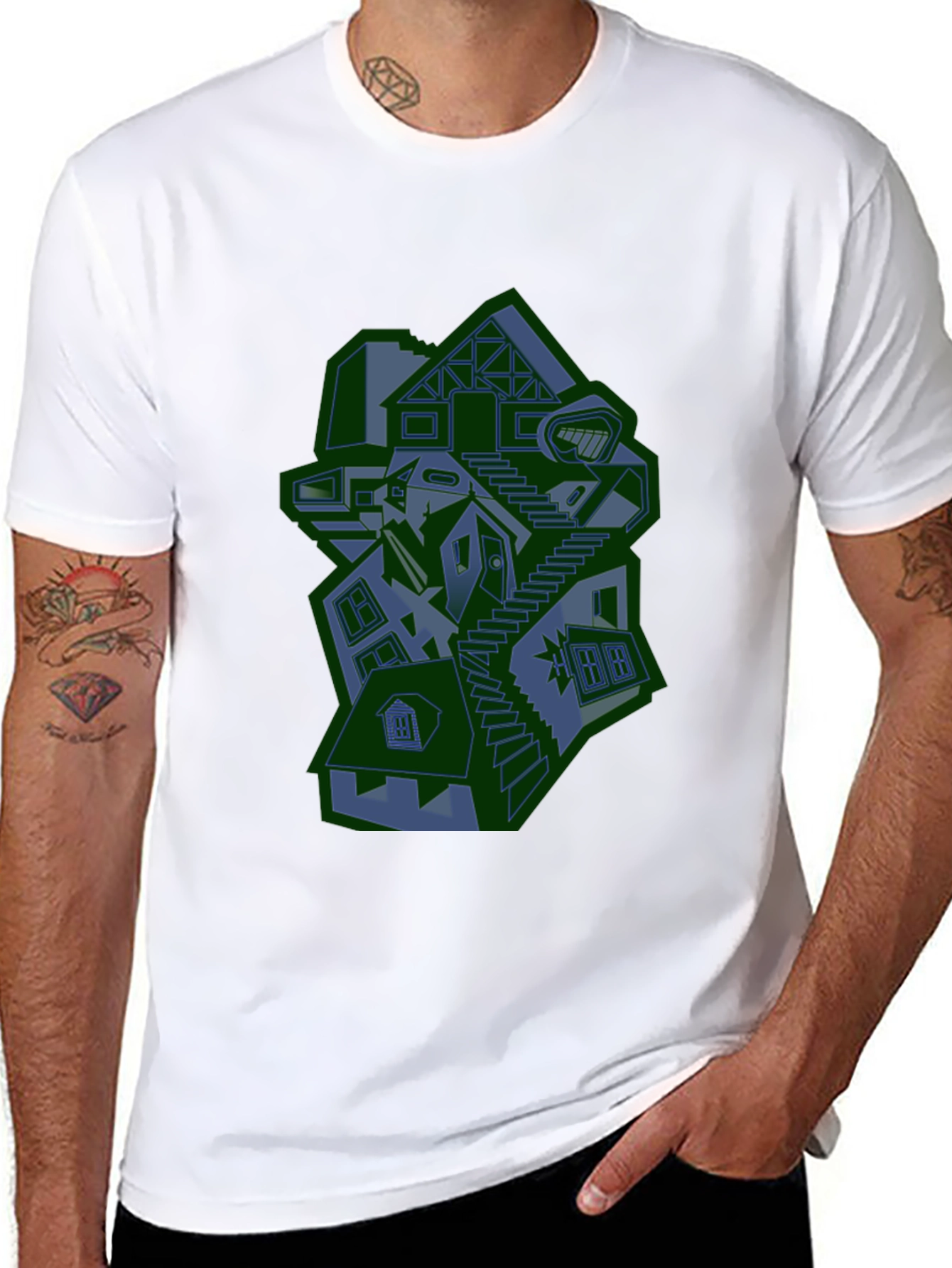 Abstract House Graphic Print Black T-Shirt