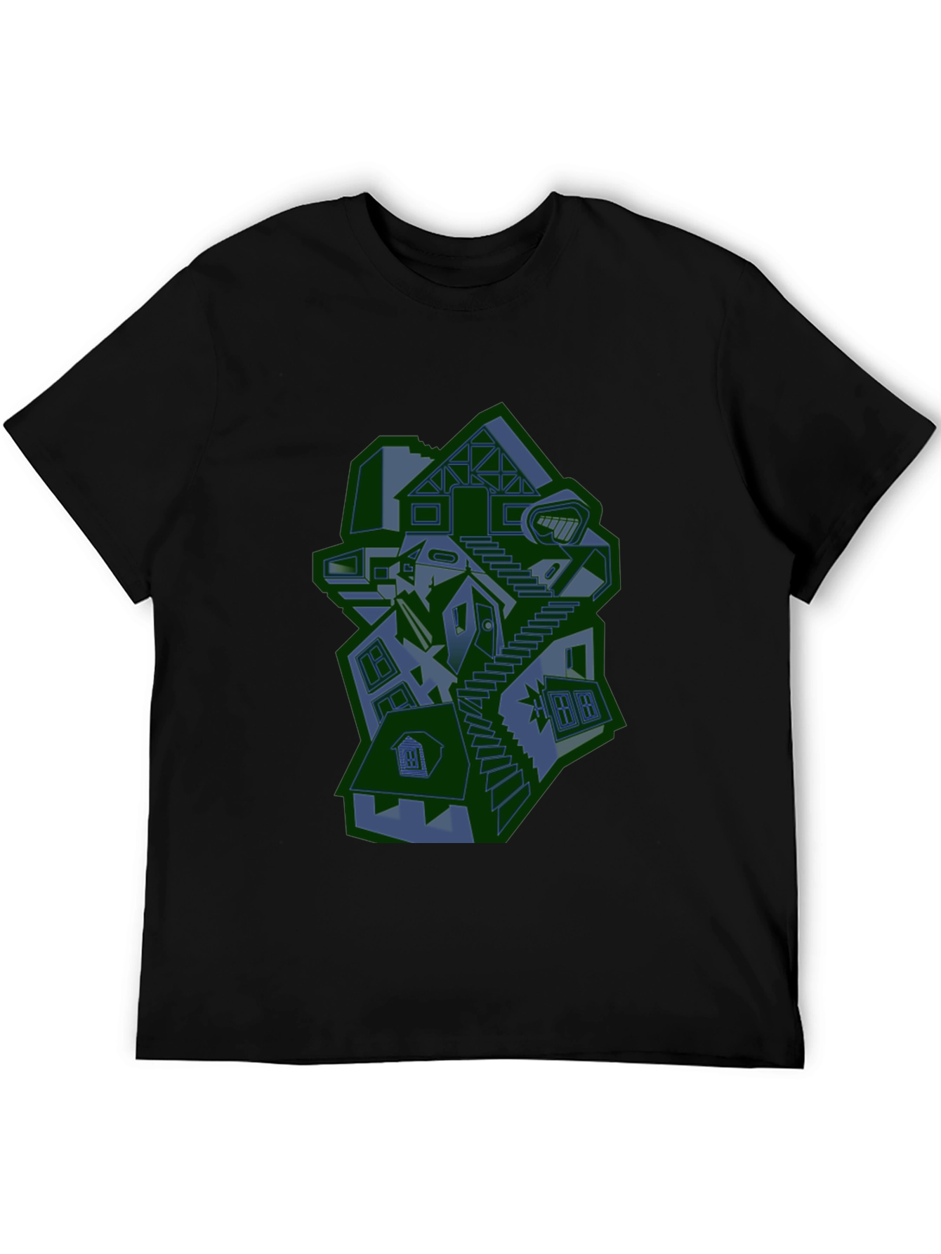 Abstract House Graphic Print Black T-Shirt