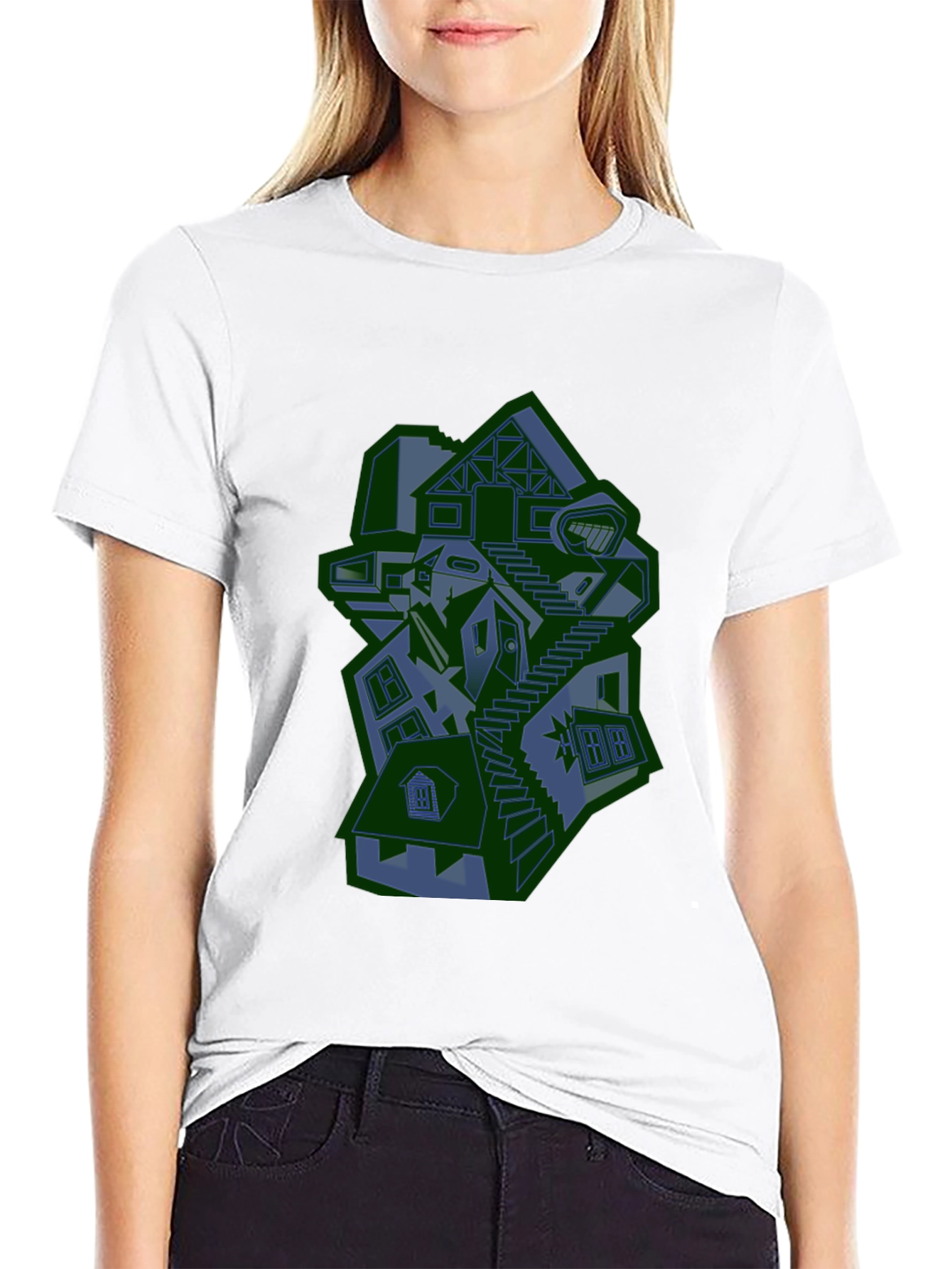 Abstract House Graphic Print Black T-Shirt