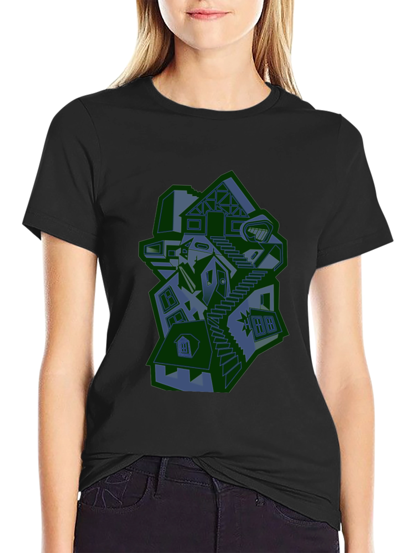 Abstract House Graphic Print Black T-Shirt