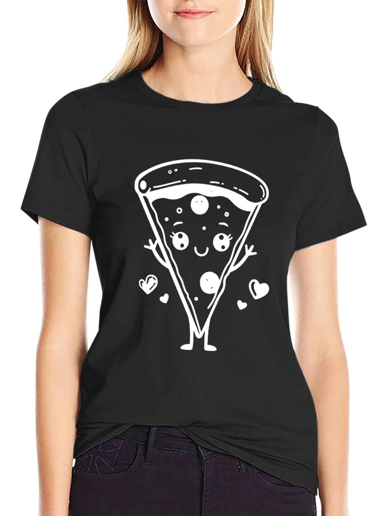 Cute Pizza Slice Graphic Tee - Black Cotton Shirt