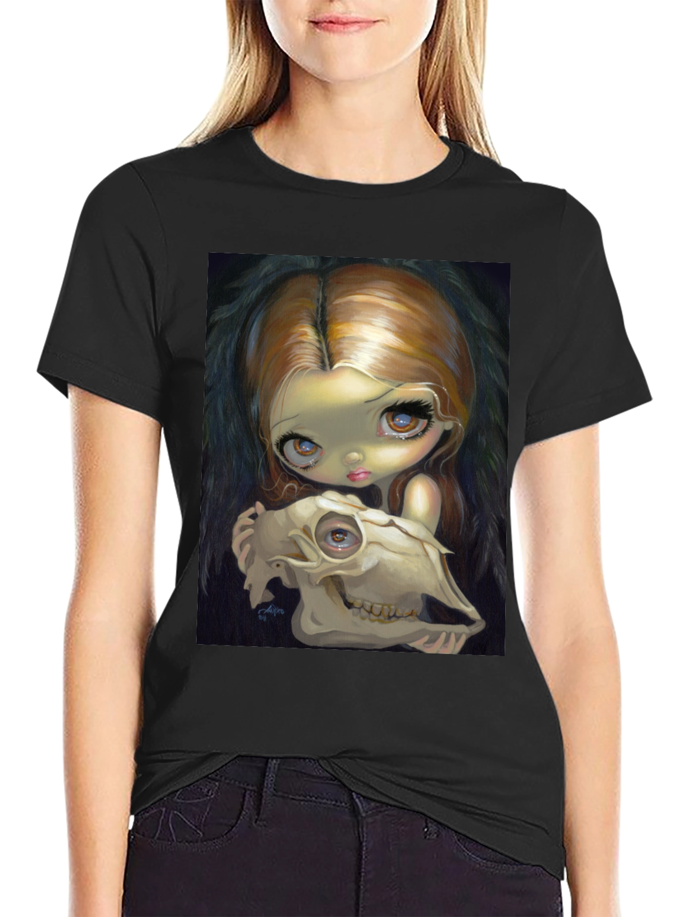 Gothic Art T-Shirt - Girl with Skull