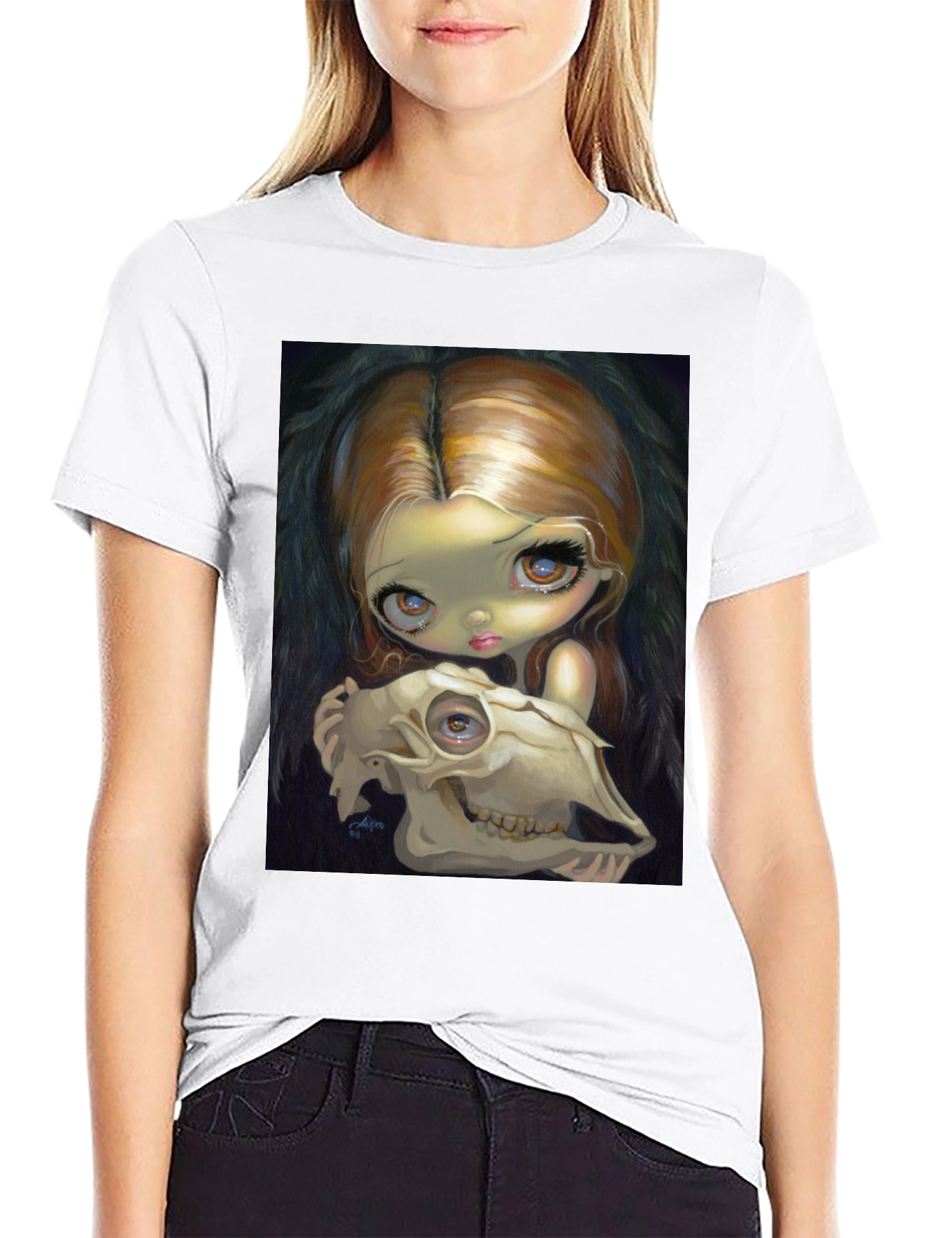 Gothic Art T-Shirt - Girl with Skull