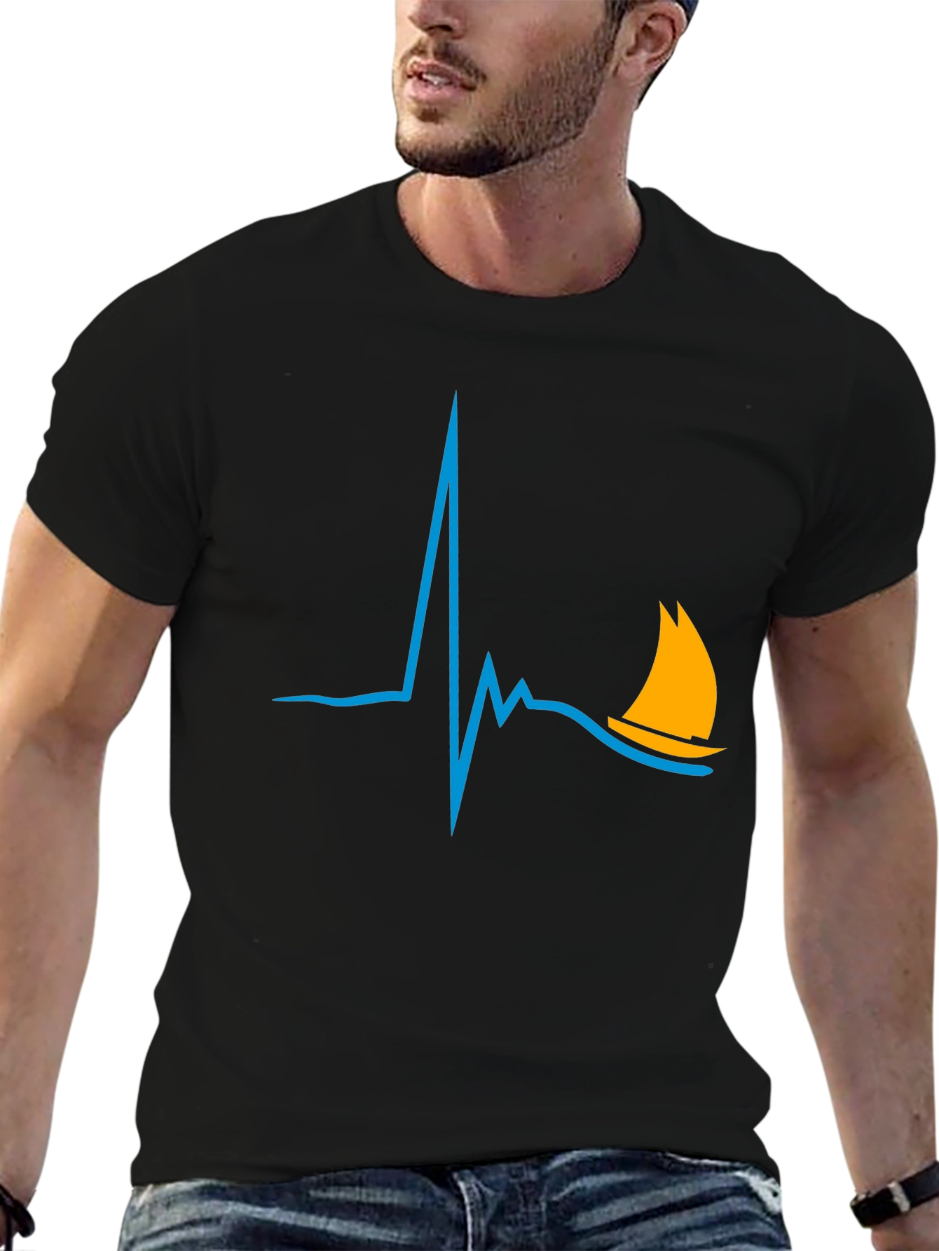Sailboat Heartbeat Graphic Tee - Stylish Black T-Shirt