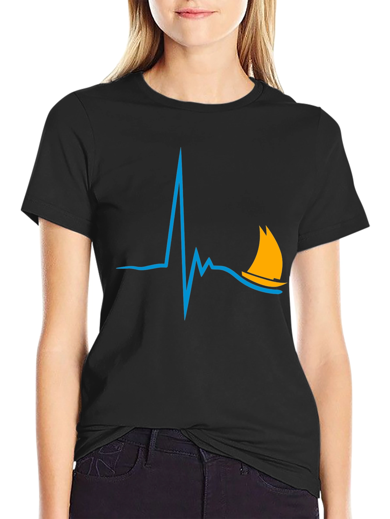 Sailboat Heartbeat Graphic Tee - Stylish Black T-Shirt