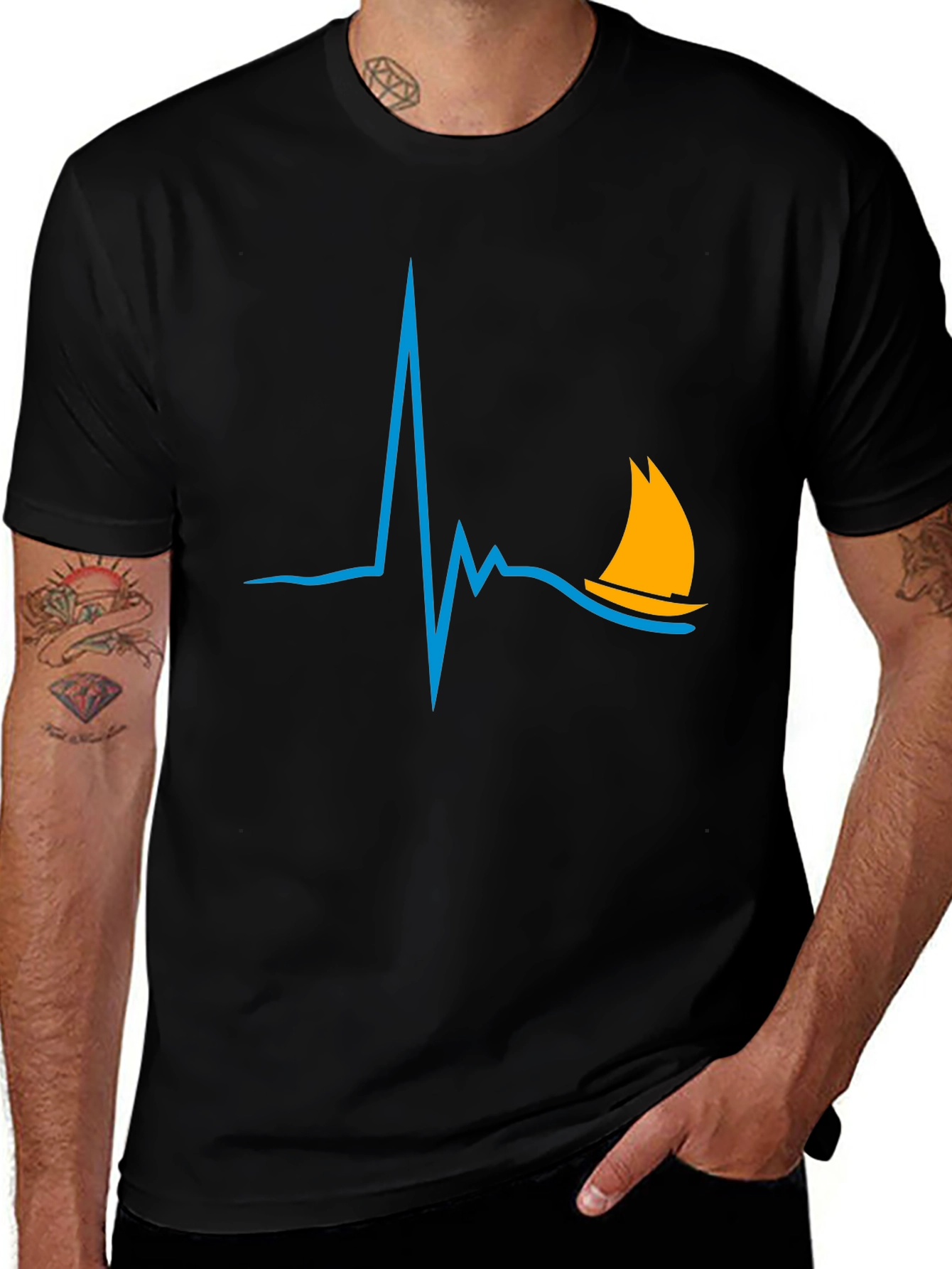 Sailboat Heartbeat Graphic Tee - Stylish Black T-Shirt