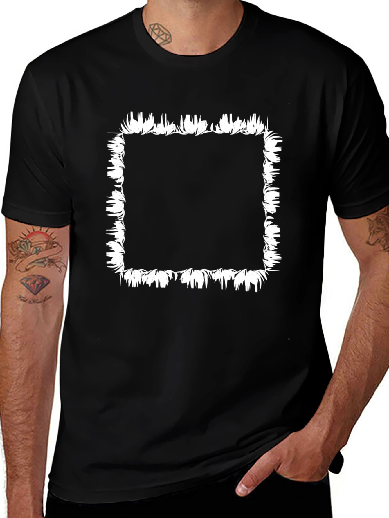 Black T-Shirt with White Floral Square