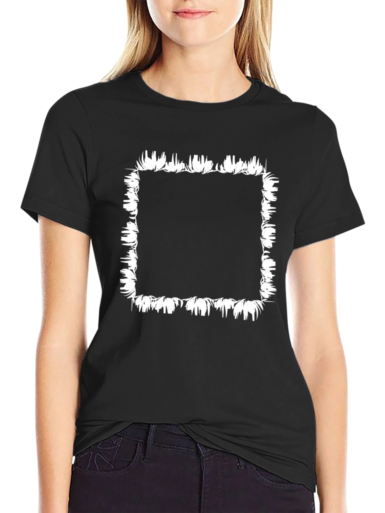 Black T-Shirt with White Floral Square