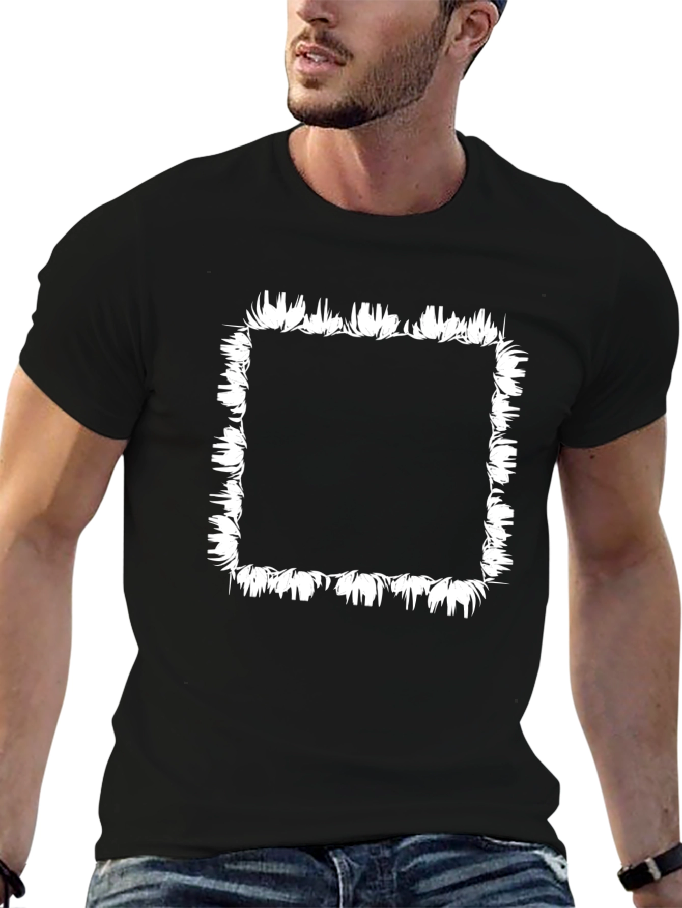 Black T-Shirt with White Floral Square