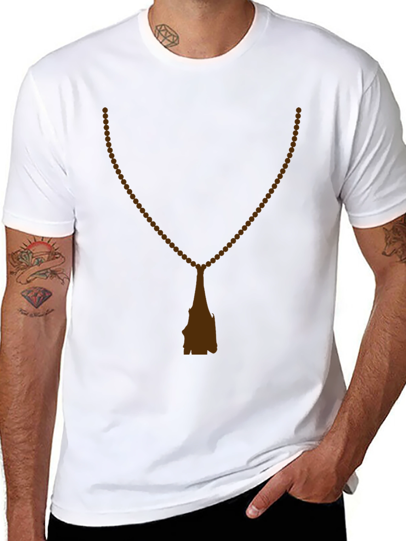 Mens Black T-Shirt with Rosary Beads Print