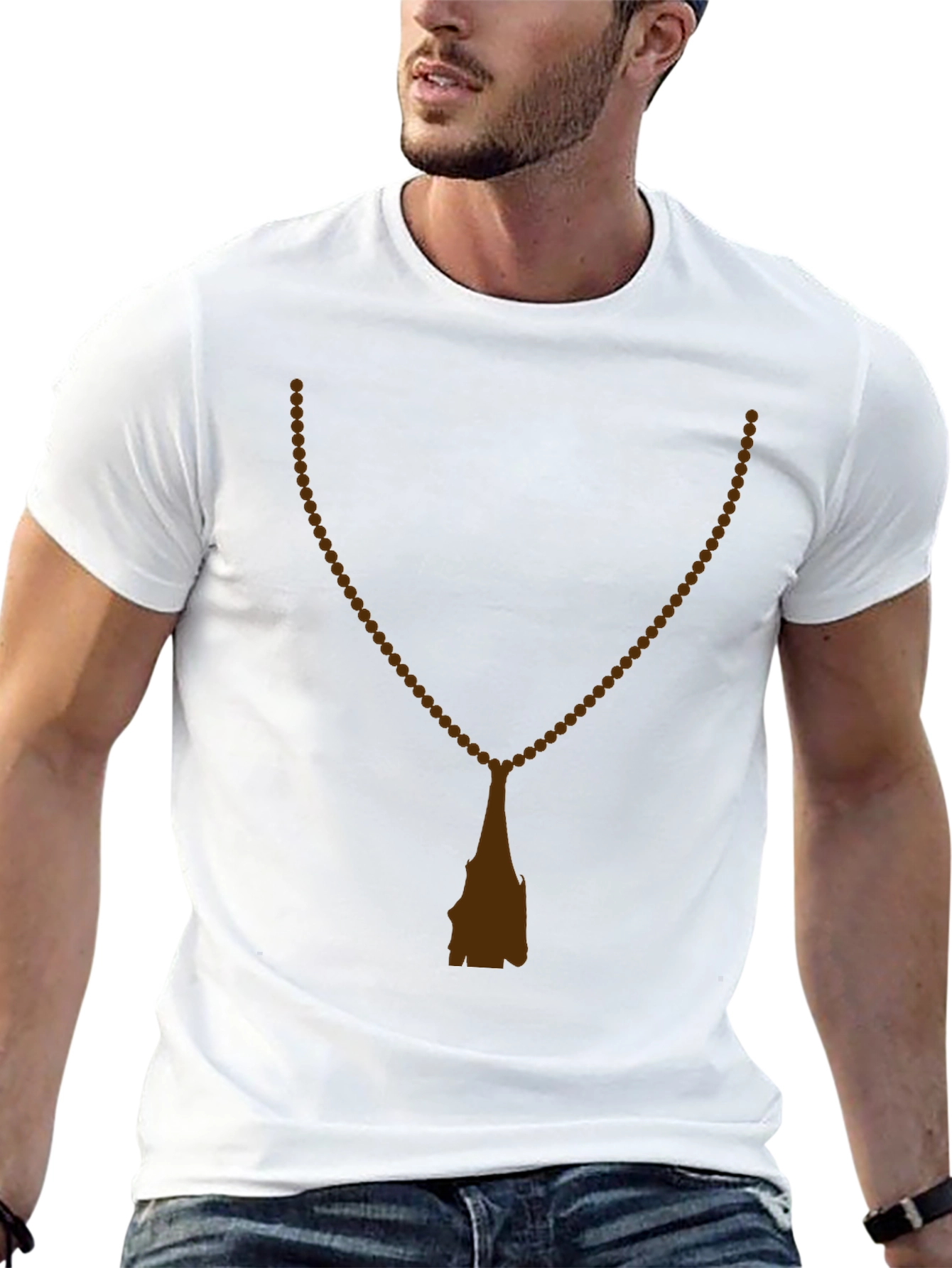 Mens Black T-Shirt with Rosary Beads Print
