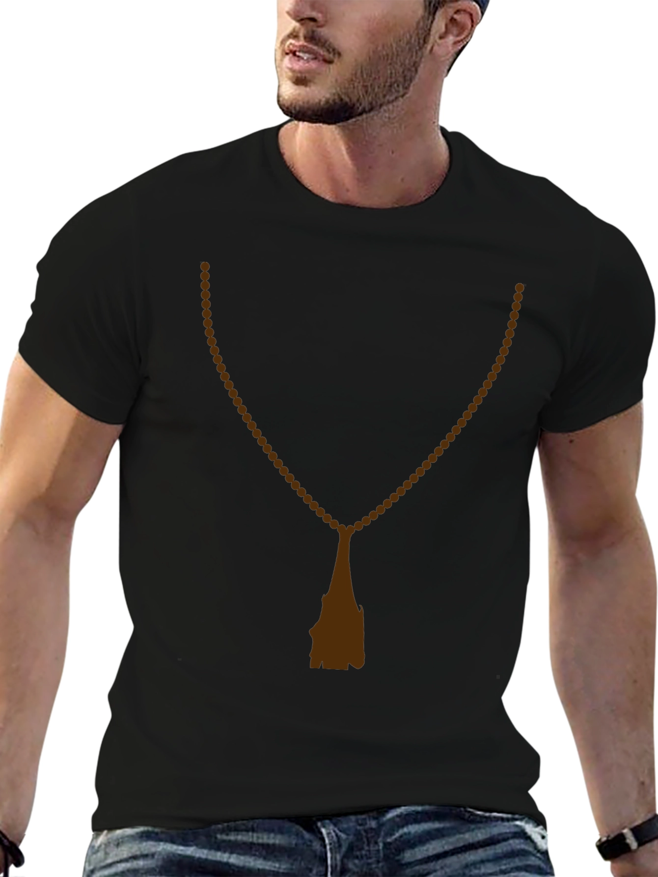 Mens Black T-Shirt with Rosary Beads Print