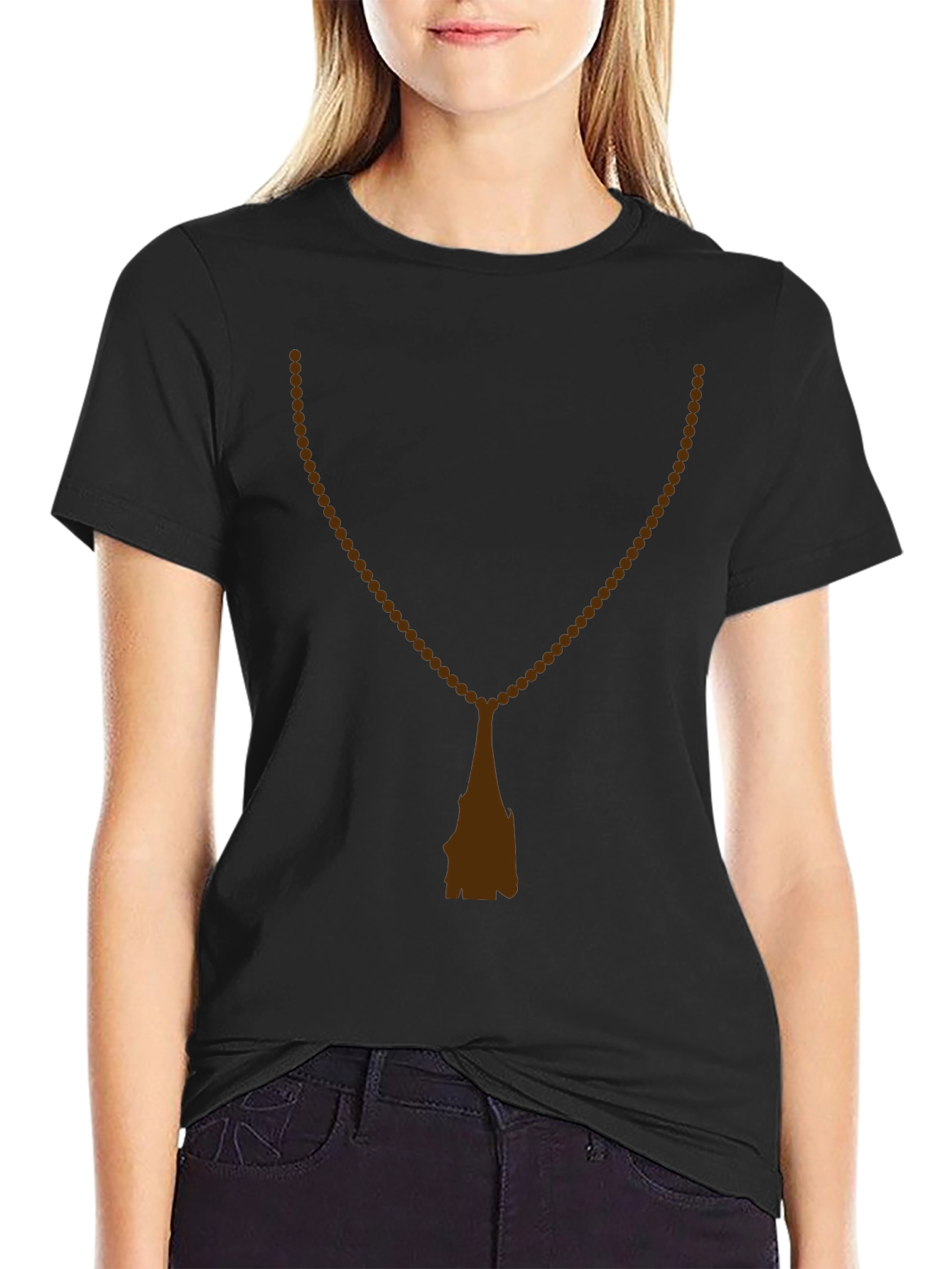 Mens Black T-Shirt with Rosary Beads Print