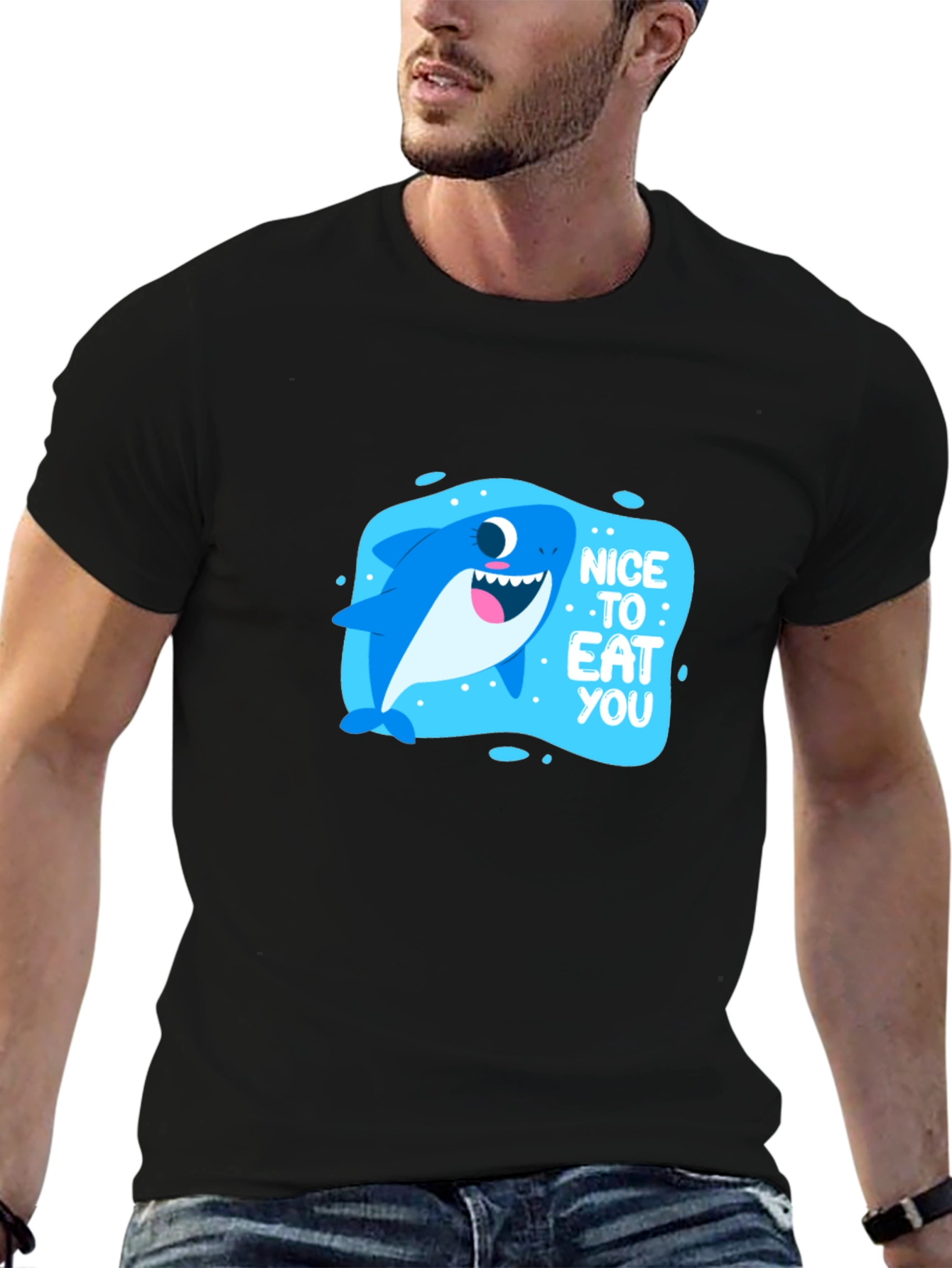Funny Shark Nice to Eat You Black T-Shirt
